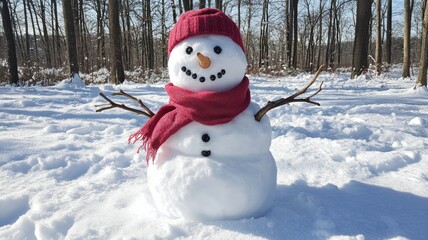Obraz premium Happy Snowman in Snowy Forest Winter Wonderland