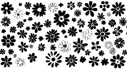Whimsical Array of Black and White Floral Icons Scattered on a Clean White Surface Design Element