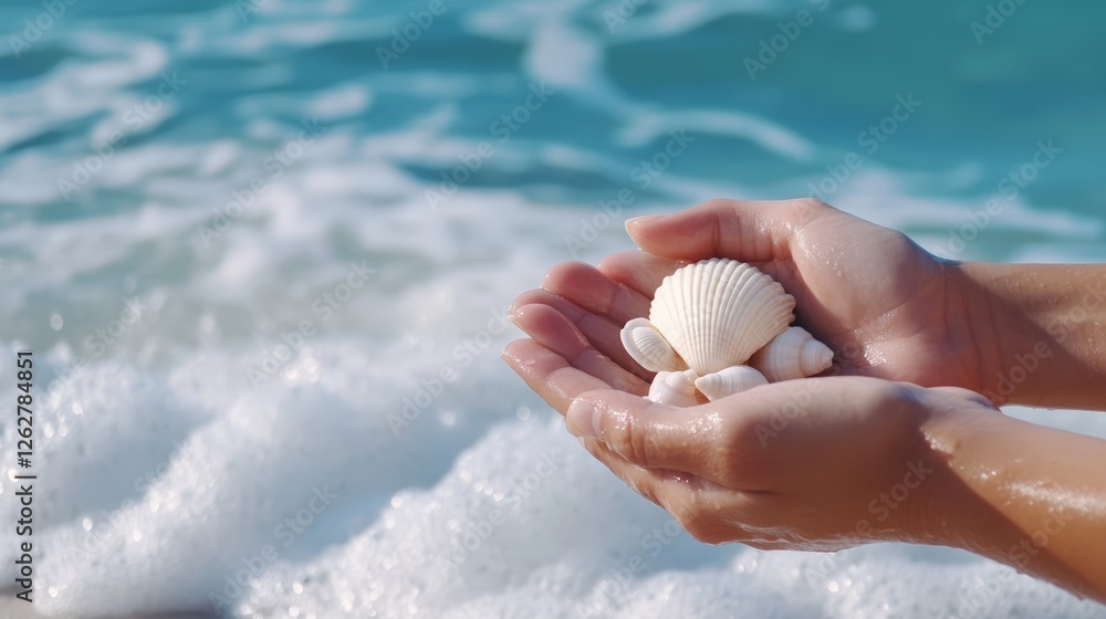 Poster woman's hands gently cradling a collection of delicate white seashells against the backdrop of turqu