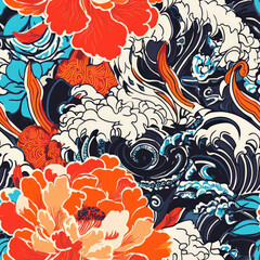 A contemporary fusion of Asian-inspired motifs, blending Chinese peonies, Japanese waves, and Indian paisley in a vibrant modern design