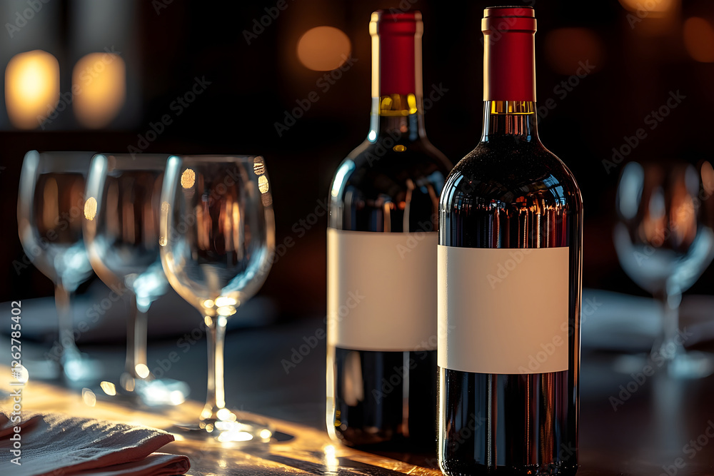 Poster elegant wine bottles on a beautifully set table with empty glasses. generative ai.
