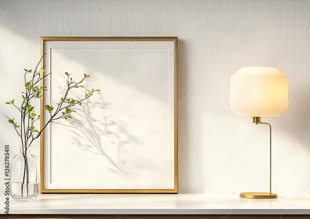 Aufkleber minimalist interior scene with empty gold frame on shelf green twig in vase and modern desk lamp
