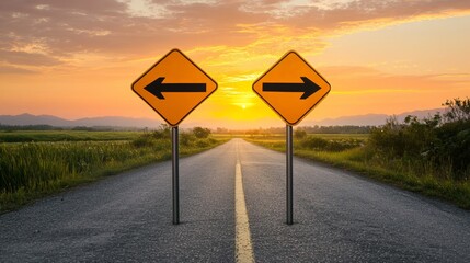 Two road signs indicating opposite directions on a countryside road at sunset symbolize a difficult choice, reflecting fears of better options and job insecurity