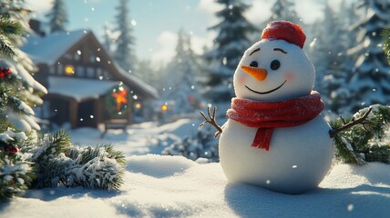 Obraz premium Joyful Snowman in Snowy Winter Wonderland