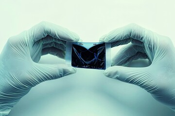 Gloved Hands Holding a Small, Dark, Rectangular Object