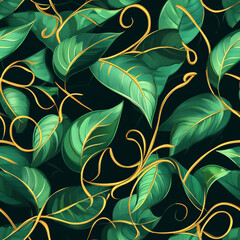 A lush Cuban tobacco leaf pattern, with rich green cigar leaves intertwined with elegant golden swirls