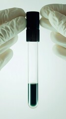 Gloved Hands Holding Test Tube with Dark Liquid Sample
