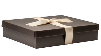 a black box with a white ribbon and golden bow on a transparent background, PNG image, PNG file, Generative art.