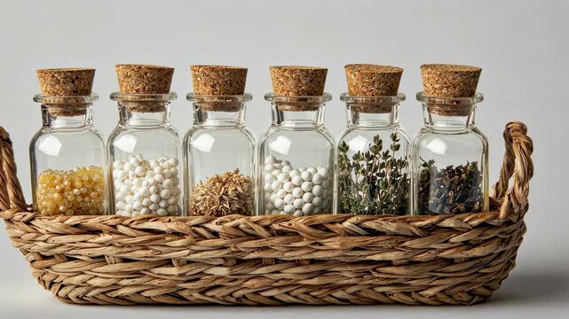 jars in a basket, homeopathy. Selective focus