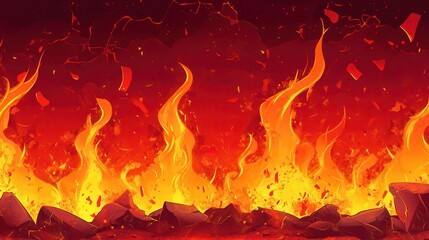 Bright flames dance wildly against a vibrant backdrop of deep reds and oranges in a fiery abyss. Generative AI