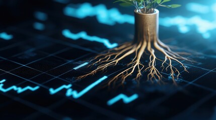 Passive income finance and long-term growth. A plant with roots growing from a pot overlaid on a financial graph background.