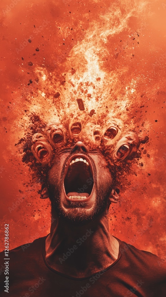 Poster Surreal portrait of a man screaming with his head exploding into other screaming faces and fire, depicting concepts of stress, burnout, and mental health issues