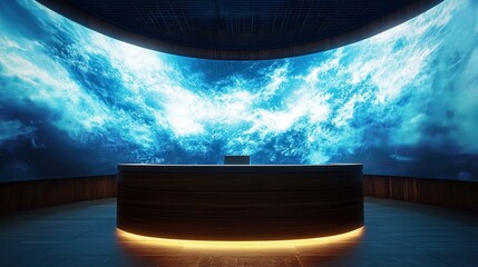 Modern TV show podium with large curved LED screen displaying ocean waves