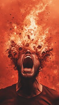 Surreal portrait of a man screaming with his head exploding into other screaming faces and fire, depicting concepts of stress, burnout, and mental health issues