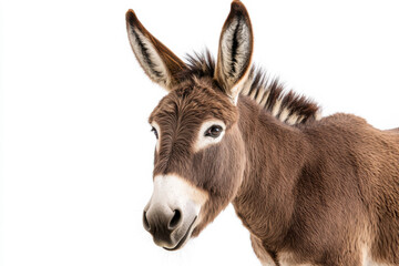 Close-up of a donkey with expressive ears and a curious gaze against a white background. isolated on white background.