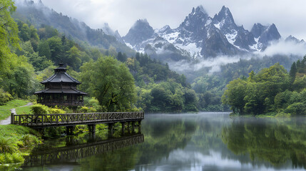 Fototapeta premium Serene mountain lake with pagoda, misty peaks