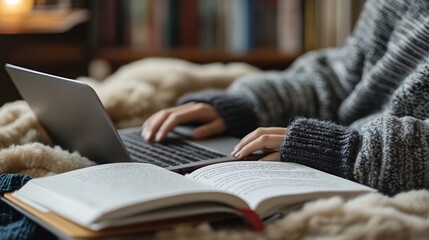 Fototapeta premium A person types intently on a laptop surrounded by soft blankets and a nearby open book in a cozy, warmly lit indoor environment during the evening
