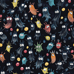 A whimsical doodle-style pattern of imaginary friends, made of stitched fabric, floating jellybeans, and glowing eyes