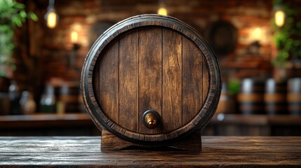 Wooden barrel on bar counter, rustic pub setting