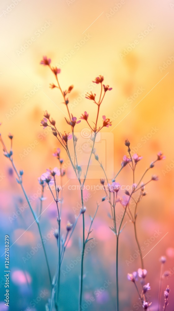 Poster soft pink wildflowers stretching towards the warm glow of the setting sun, creating a serene and dre