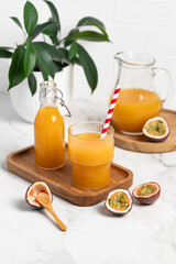 tropical refreshing detox smoothie, cocktail,
passion fruit, mango, banana, pineapple