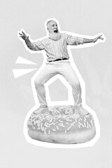 Vertical collage picture of funky overjoyed grandfather flying surfing big glazed donut isolated on...