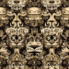A mystical Balinese Barong mask pattern, where fierce, stylized lion-like faces repeat against an intricate background