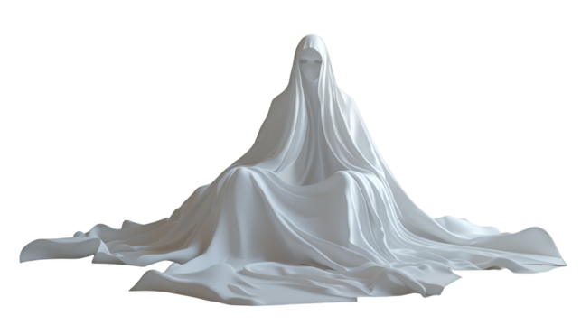 a 3d figure of a ghost covered with a white cloth on a transparent background, PNG image, PNG file, Generative art.