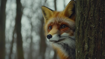 Obraz premium Red Fox Hiding Behind Tree in Snowy Forest