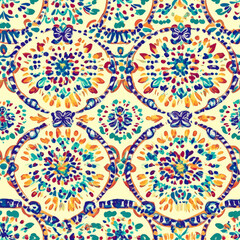 A seamless pattern of Indian Rangoli designs, featuring colorful circular motifs filled with symmetrical floral and peacock-inspired elements