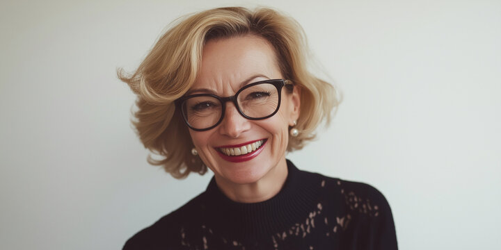 Studio portrait of mature business woman laughing, gray background