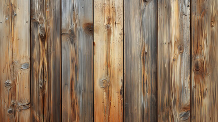 Fototapeta premium Close-up of a rustic wooden wall with weathered vertical planks, showcasing natural textures, knots, and grain patterns