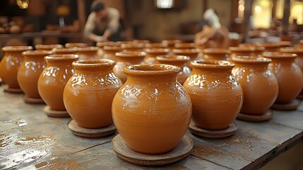 Fototapeta premium Pottery workshop, artisans shaping terracotta, production line