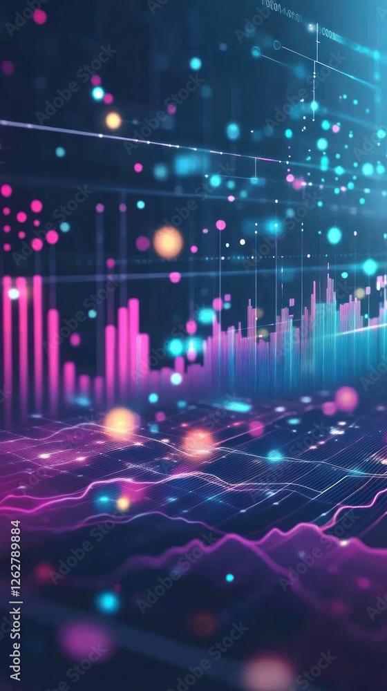 Poster abstract digital visualization of data analytics with colorful graphs and glowing particles, illustr