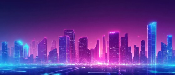 Naklejka premium Futuristic city skyline with neon lights at dusk