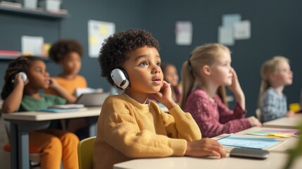 A classroom with diverse students, including a child with a hearing aid, sitting at a desk with adaptive learning tools, all engaged in the lesson.