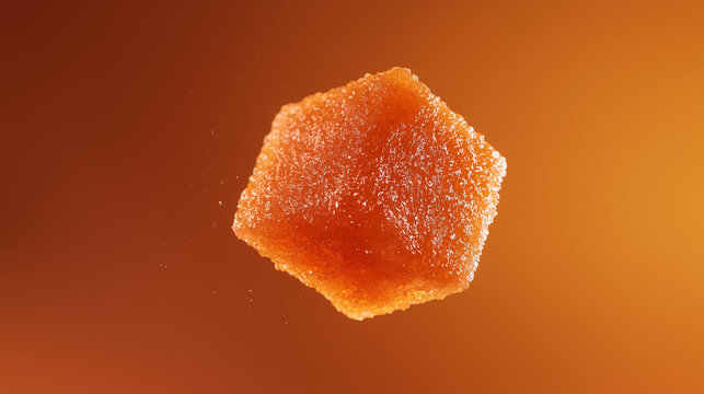 Close-up of a translucent orange gummy candy covered in sugar crystals, floating against a warm-toned gradient background