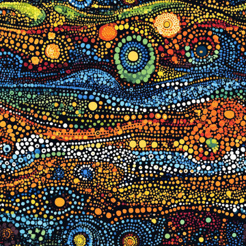A tribal dot painting pattern with small, circular dots creating intricate African-inspired landscapes and symbolic designs