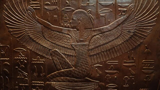 A detailed relief of the ancient Egyptian goddess Isis, depicted with outstretched wings. Surrounded by hieroglyphic inscriptions, this artwork symbolizes protection, wisdom, and divine guidance.