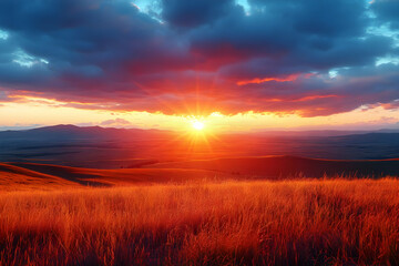 Obraz premium Sunset Over Golden Field And Cityscape