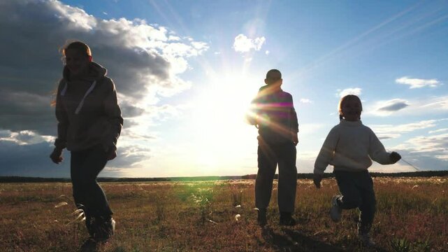 child mother father, big happy family run sunset, take hand, run group team, children game, superhero plane pilot, child daughter son playing with dad mom, agro farm, victory, child runs along road