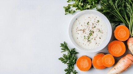 Creamy Carrot Dip, Fresh Herbs, White Background, Healthy Eating, Food Photography
