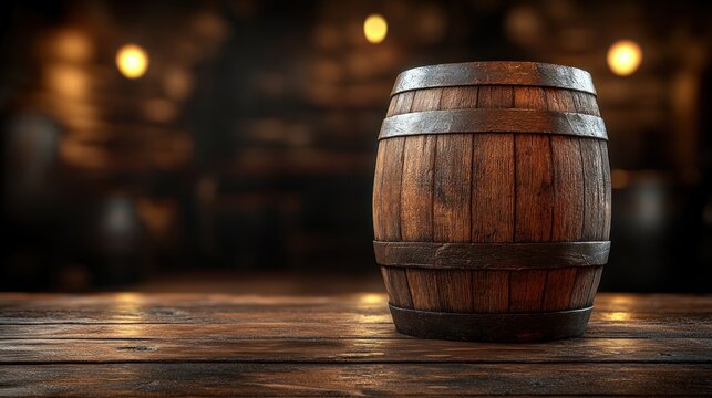 Wooden barrel on rustic table in dark tavern background.  Use  Restaurant, pub, bar, or winery background