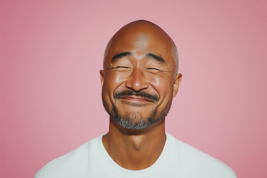 Studio portrait of  Asian man laughing with pink background