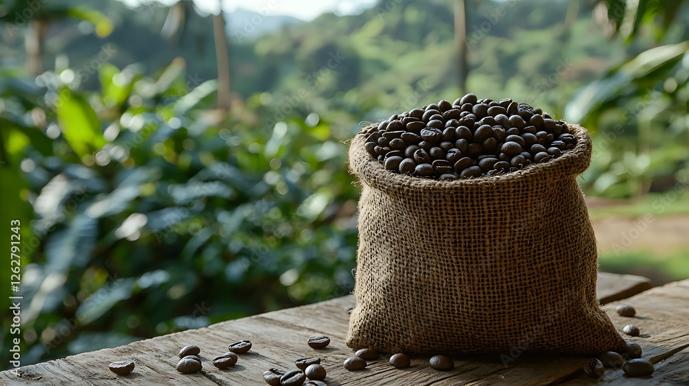 Poster quality coffee beans rest in a burlap sack on a rustic wooden table in the field. generative ai.