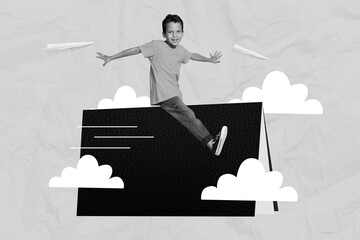 Creative collage photo of young little schoolboy preteen flying elementary education heaven...