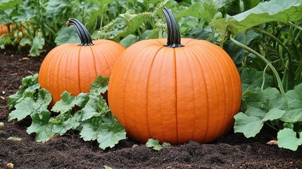 Obraz premium Two vibrant orange pumpkins nestled among lush green leaves in a garden bed.