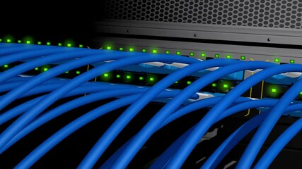 Server rack with light switch boards and Cables. inside data center ethernet wire connected switch