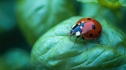 Fototapeta premium A ladybug perched on a green leaf, showcasing vibrant colors in a natural setting.