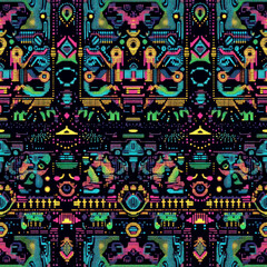 A sacred Huichol beadwork pattern with mesmerizing, symmetrical neon-colored dots forming intricate animal and nature-inspired designs